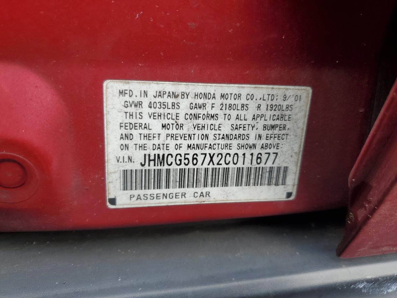 2002 Honda Accord VIN JHMCG567X2C011677 Copart auction photo, rear end damage thumbnail 12