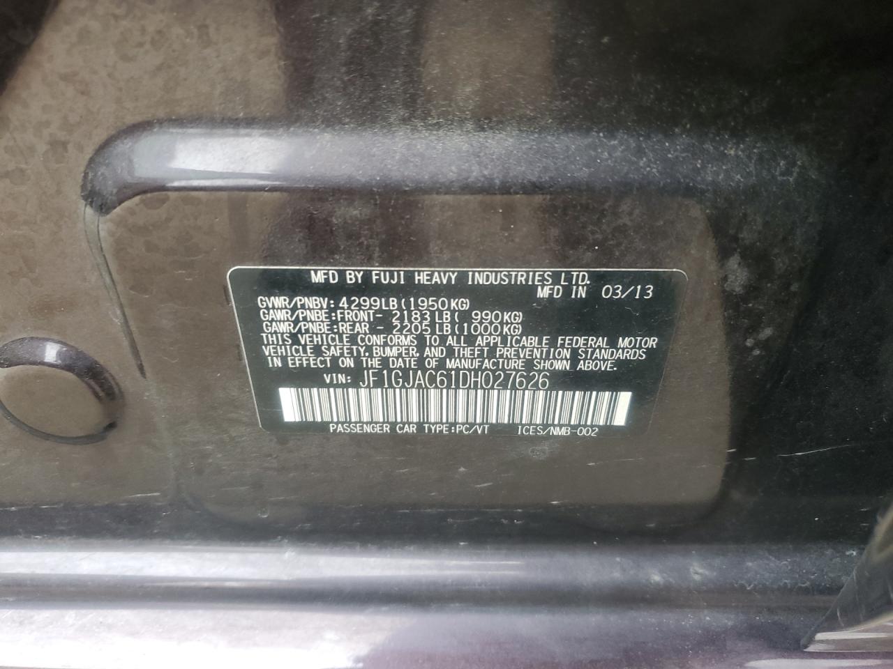 2013 Subaru Impreza VIN JF1GJAC61DH027626 Copart auction photo, front end / rear end damage thumbnail 12