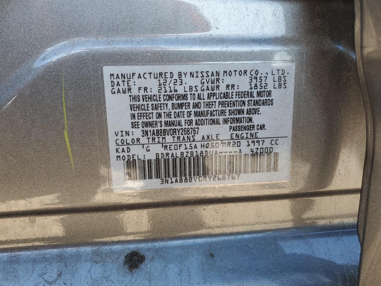 2024 Nissan Sentra VIN 3N1AB8BV0RY268767 Copart auction photo, front end / side damage thumbnail 12