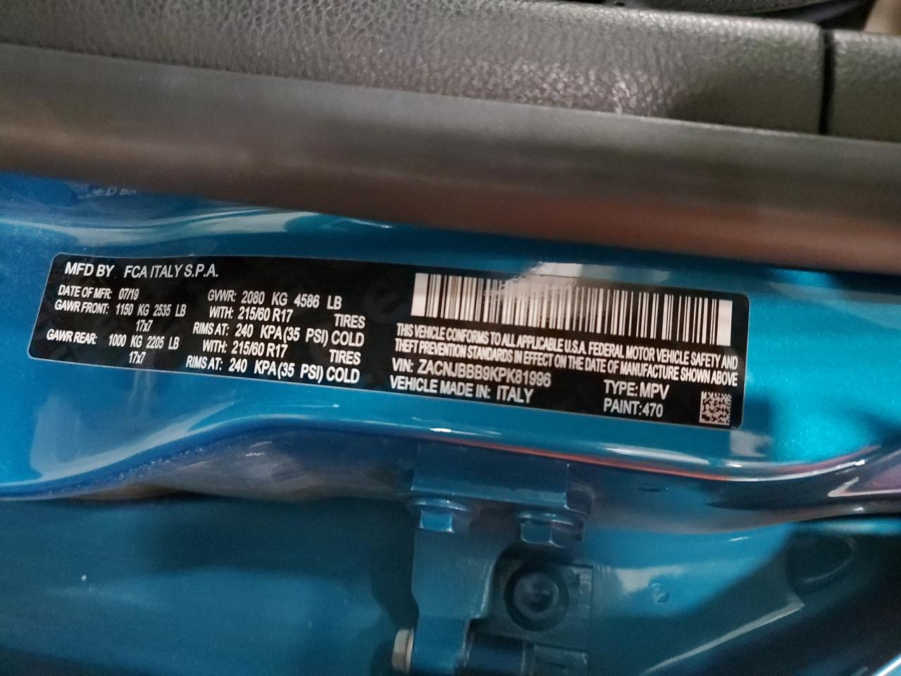 2019 Jeep Renegade VIN ZACNJBBB9KPK81996 Copart auction photo, rear end damage thumbnail 13