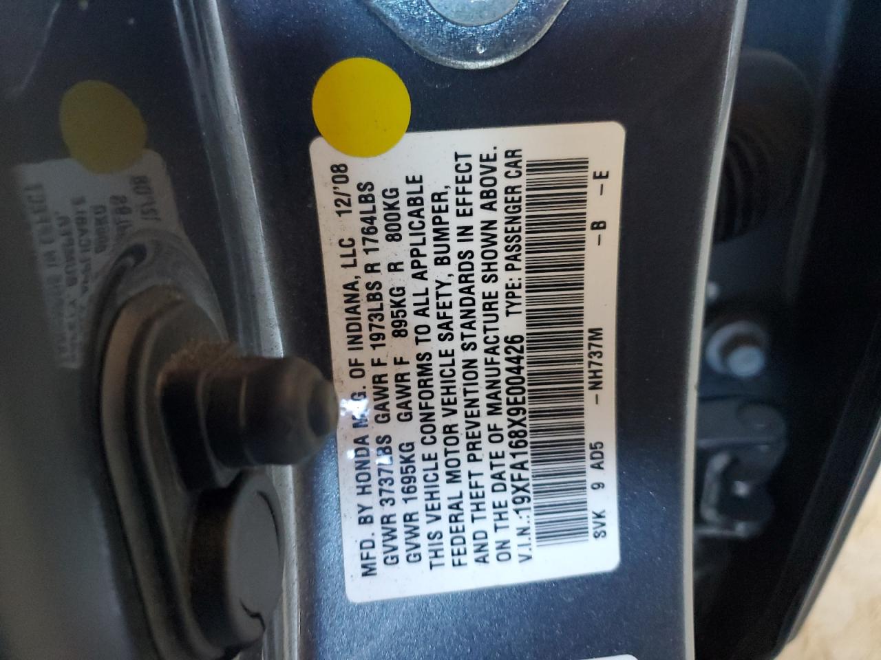 2009 Honda Civic VIN 19XFA168X9E004426 Copart auction photo, rear end / side damage thumbnail 12