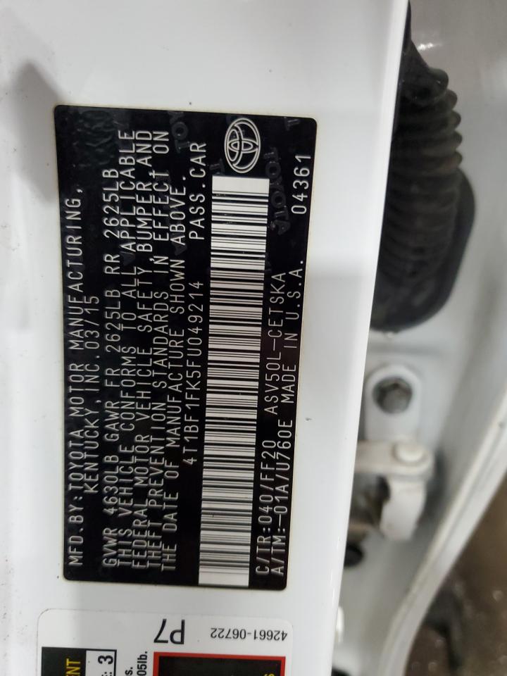 2015 Toyota Camry VIN 4T1BF1FK5FU049214 Copart auction photo, front end damage thumbnail 13