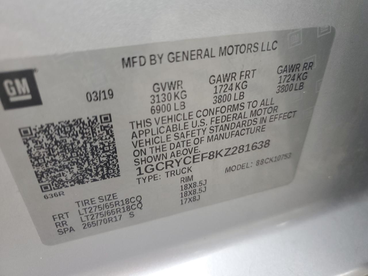 2019 Chevrolet Silverado VIN 1GCRYCEF8KZ281638 Copart auction photo, rear end damage thumbnail 13