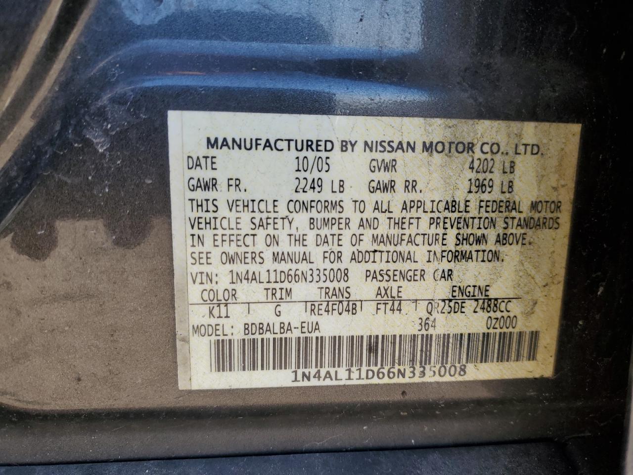 2006 Nissan Altima VIN 1N4AL11D66N335008 Copart auction photo, all over / rear end damage thumbnail 12
