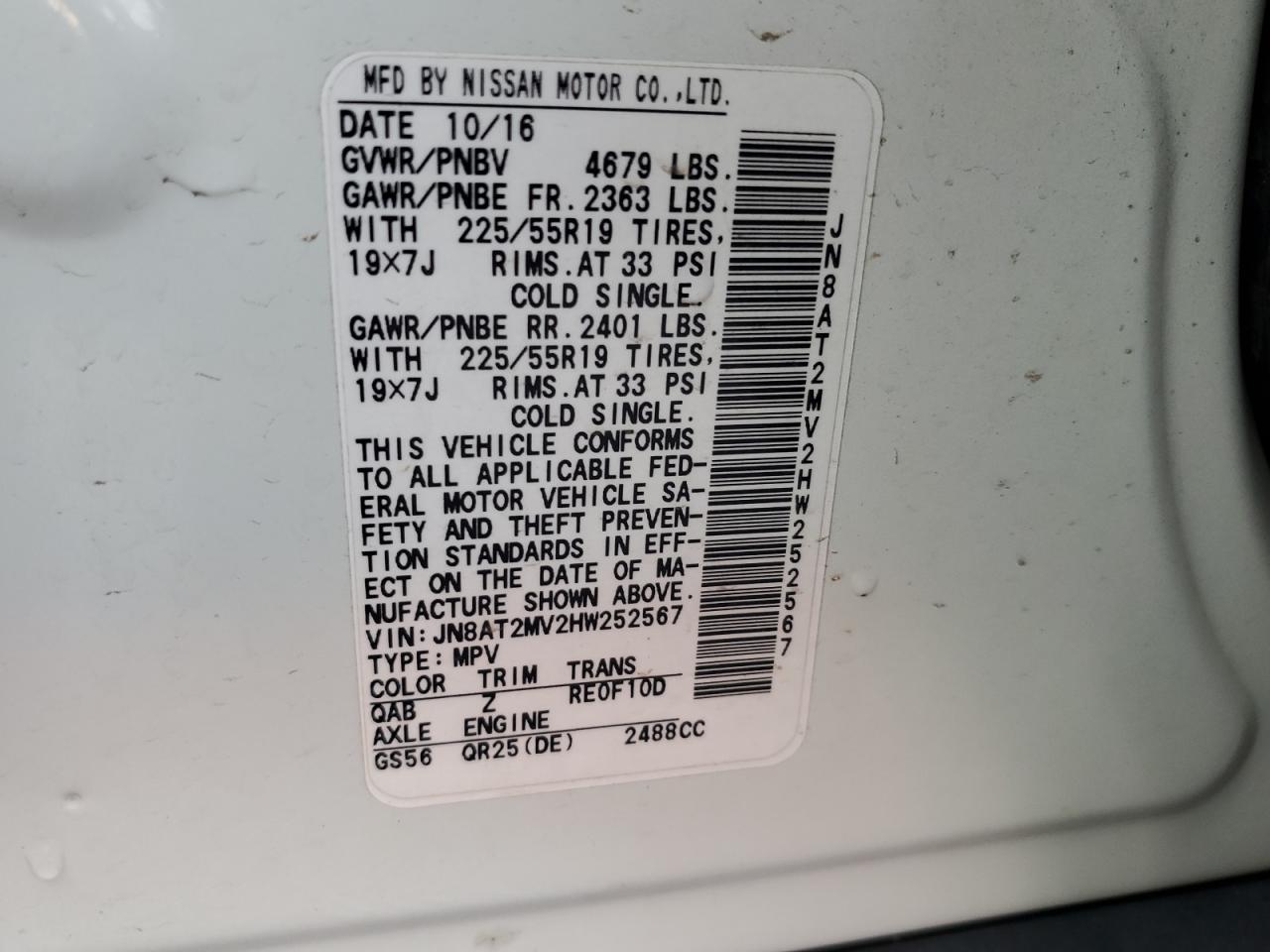 2017 Nissan Rogue VIN JN8AT2MV2HW252567 Copart auction photo, hail damage thumbnail 13