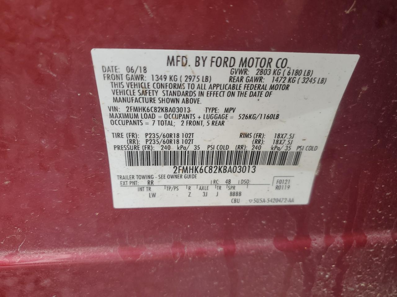 2019 Ford Flex VIN 2FMHK6C82KBA03013 Copart auction photo, front end / side damage thumbnail 14