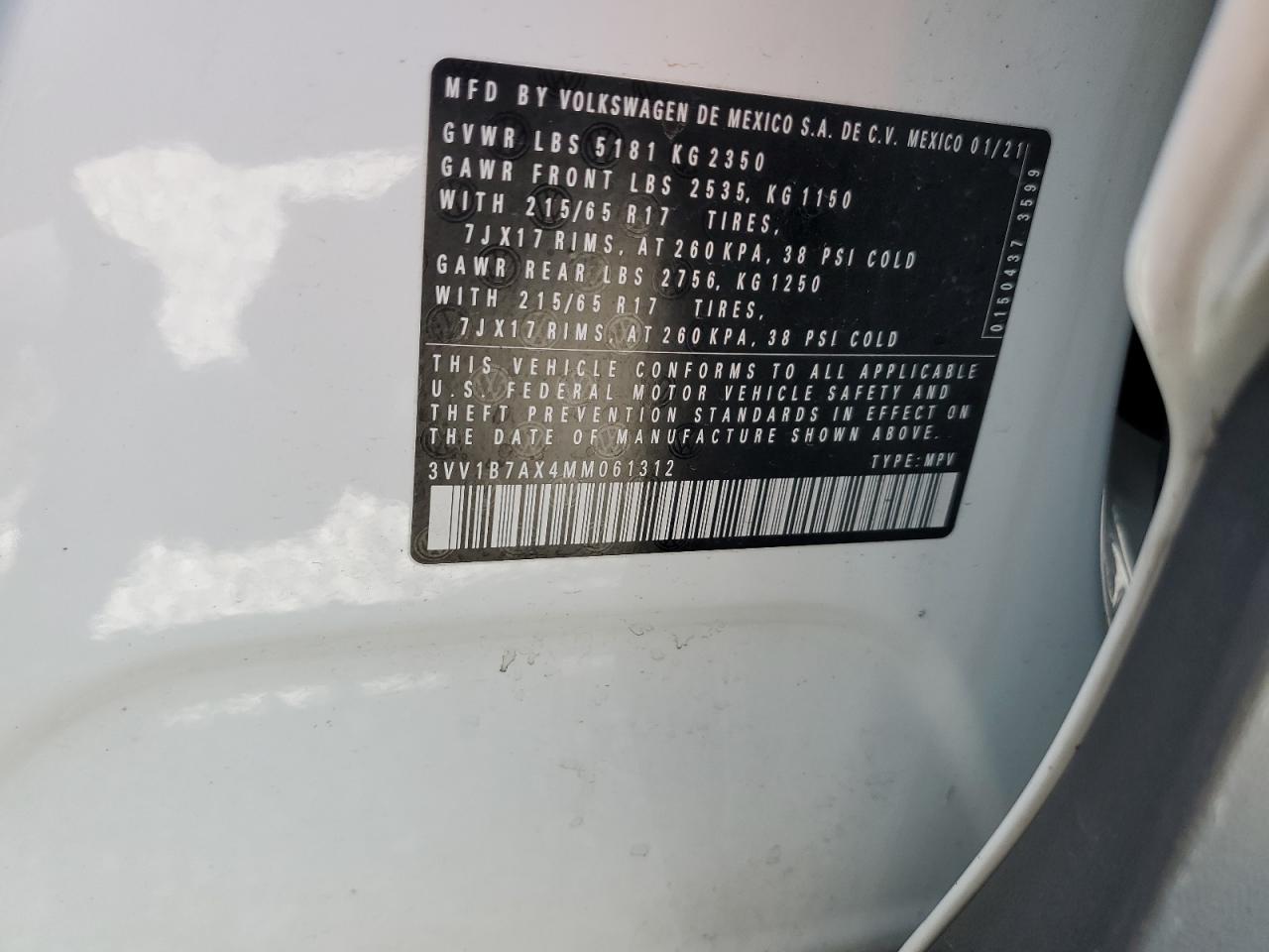 2021 Volkswagen Tiguan VIN 3VV1B7AX4MM061312 Copart auction photo, front end damage thumbnail 15