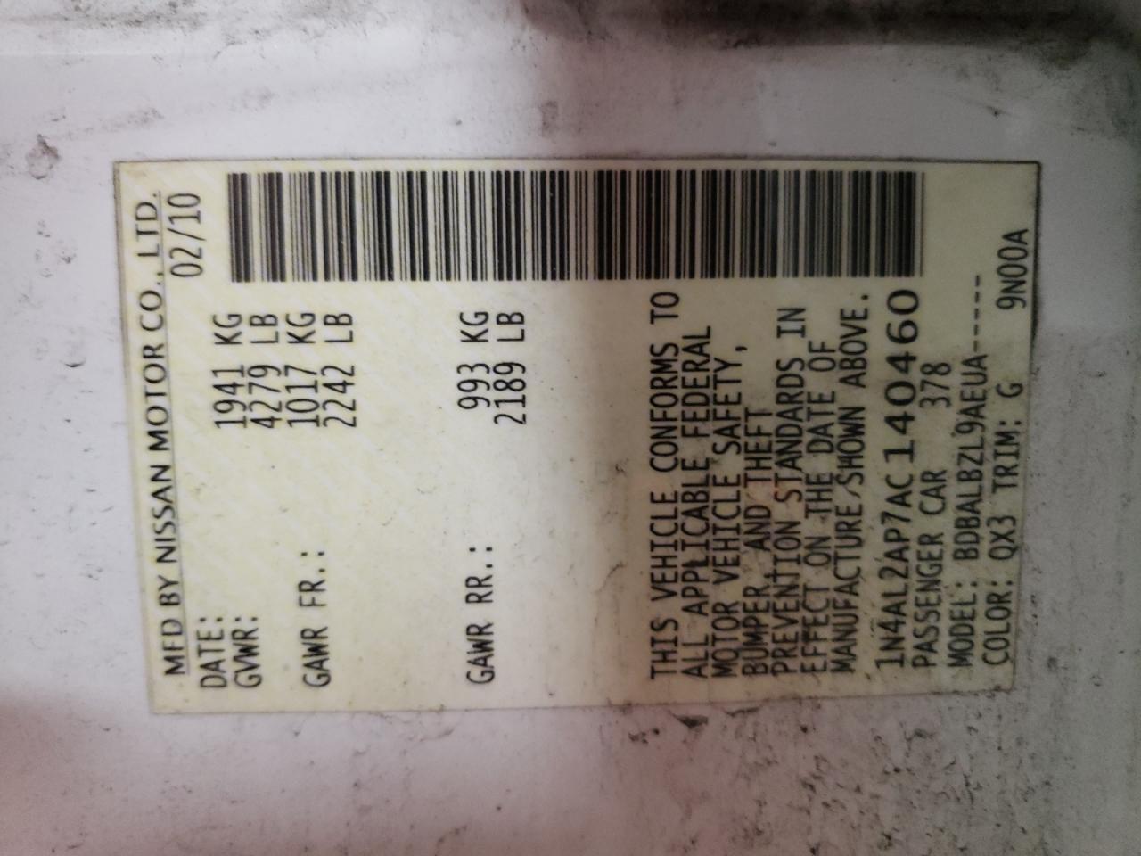 2010 Nissan Altima VIN 1N4AL2AP7AC140460 Copart auction photo, front end / side damage thumbnail 12