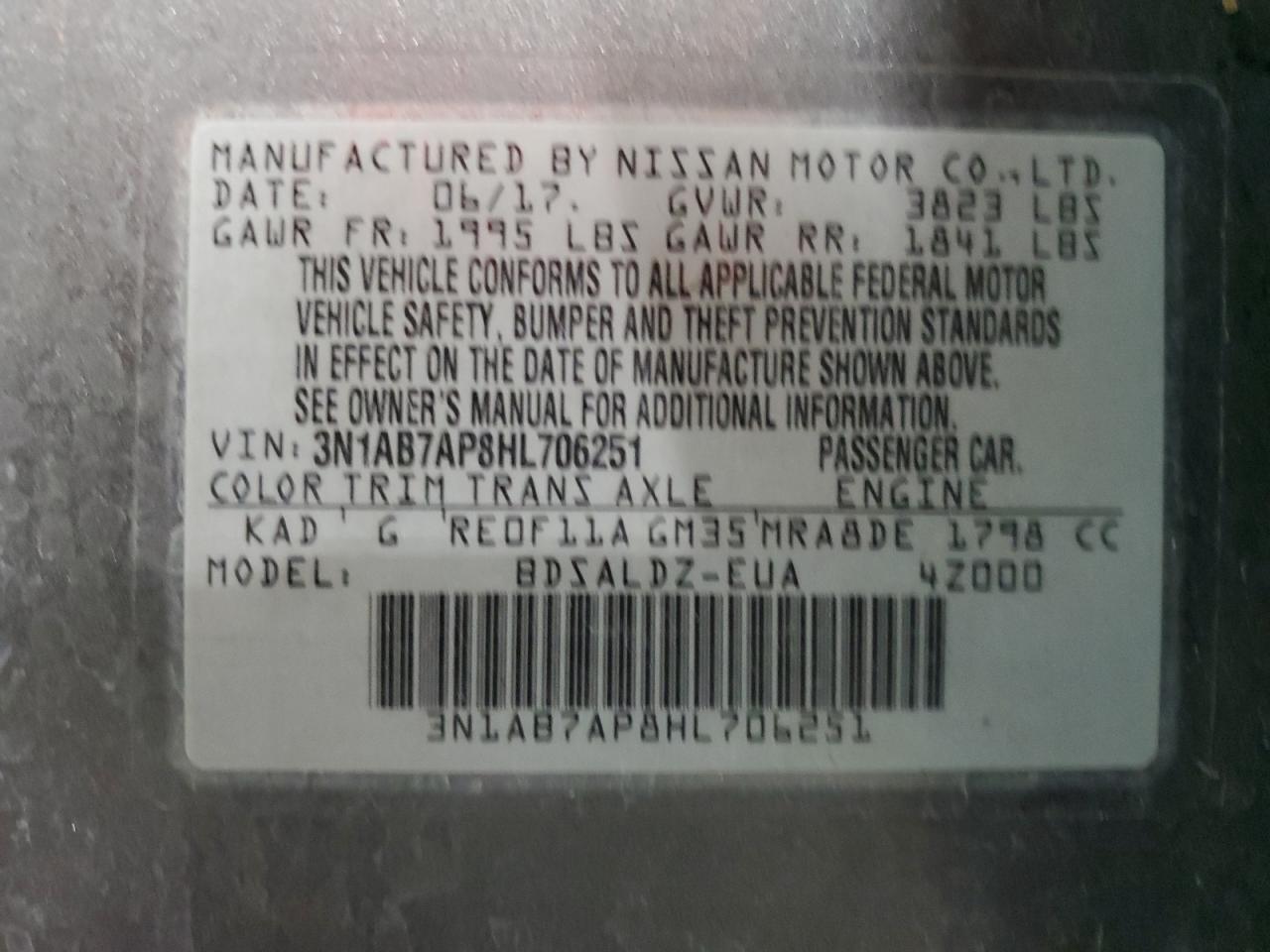 2017 Nissan Sentra VIN 3N1AB7AP8HL706251 Copart auction photo, side damage thumbnail 13