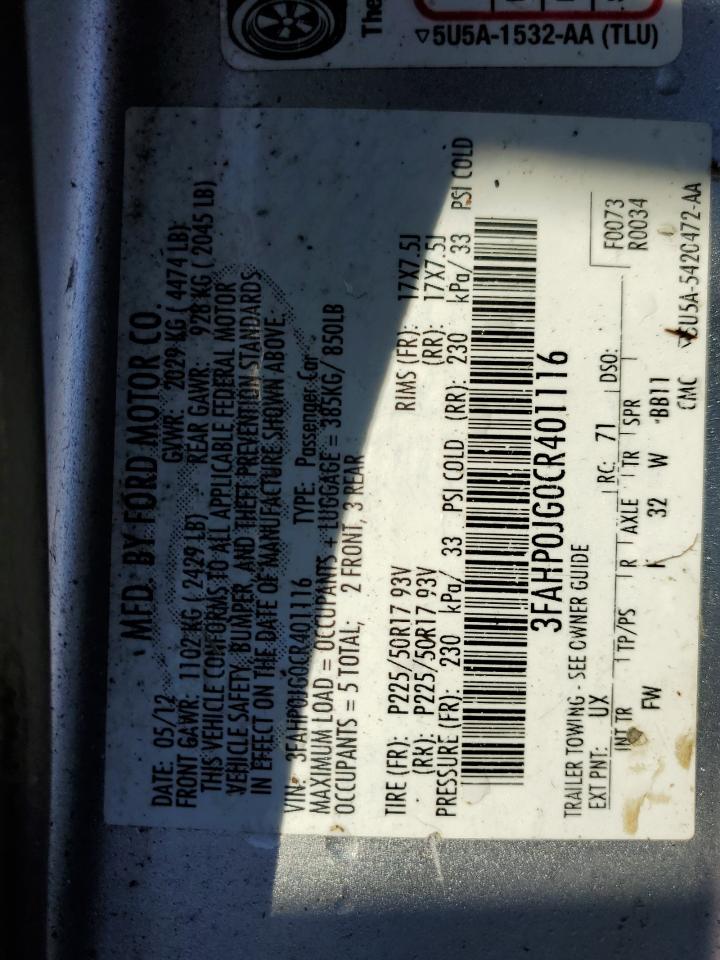 2012 Ford Fusion VIN 3FAHP0JG0CR401116 Copart auction photo, water/flood damage thumbnail 12