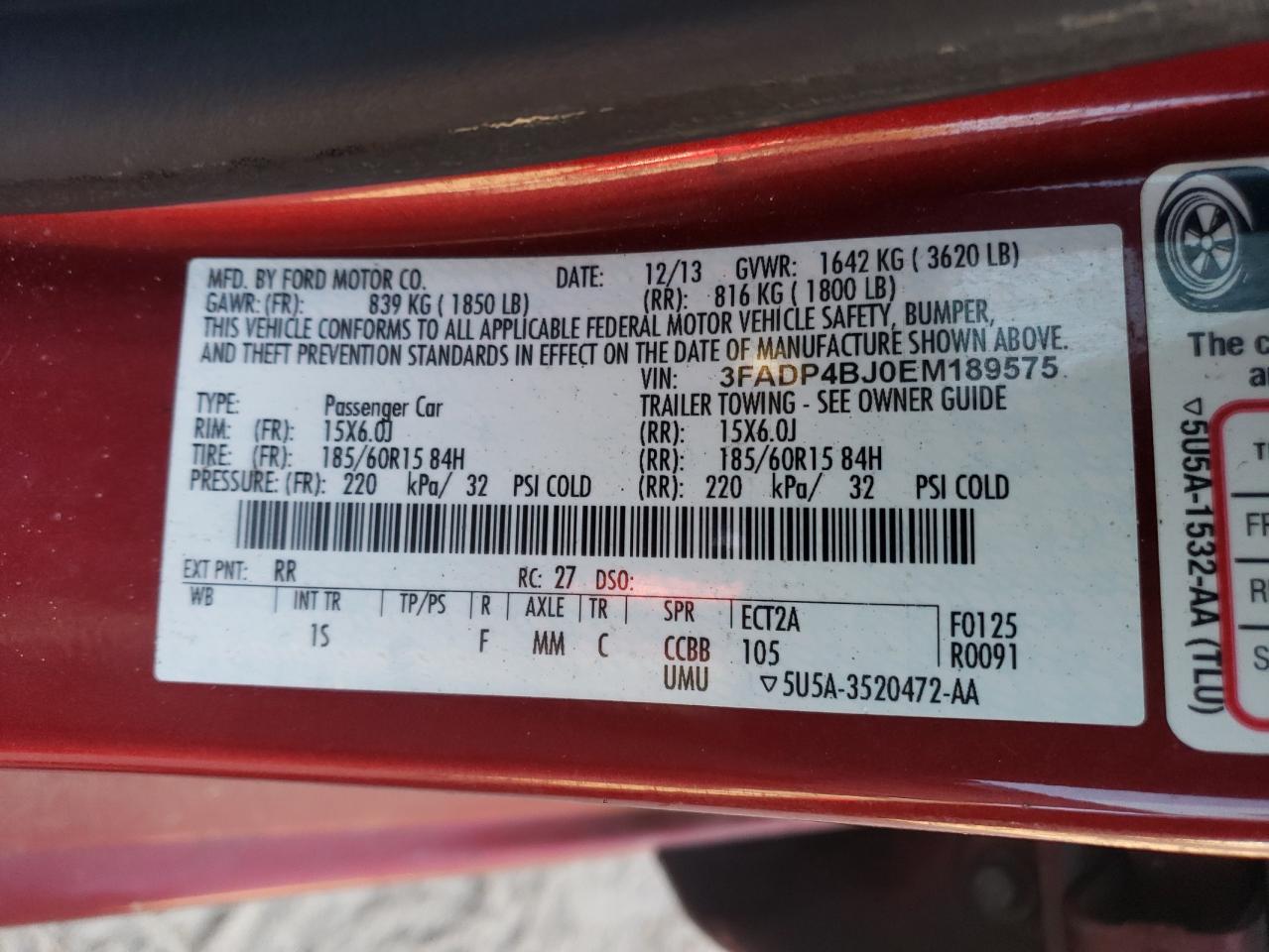 2014 Ford Fiesta VIN 3FADP4BJ0EM189575 Copart auction photo, minor dent/scratches damage thumbnail 12