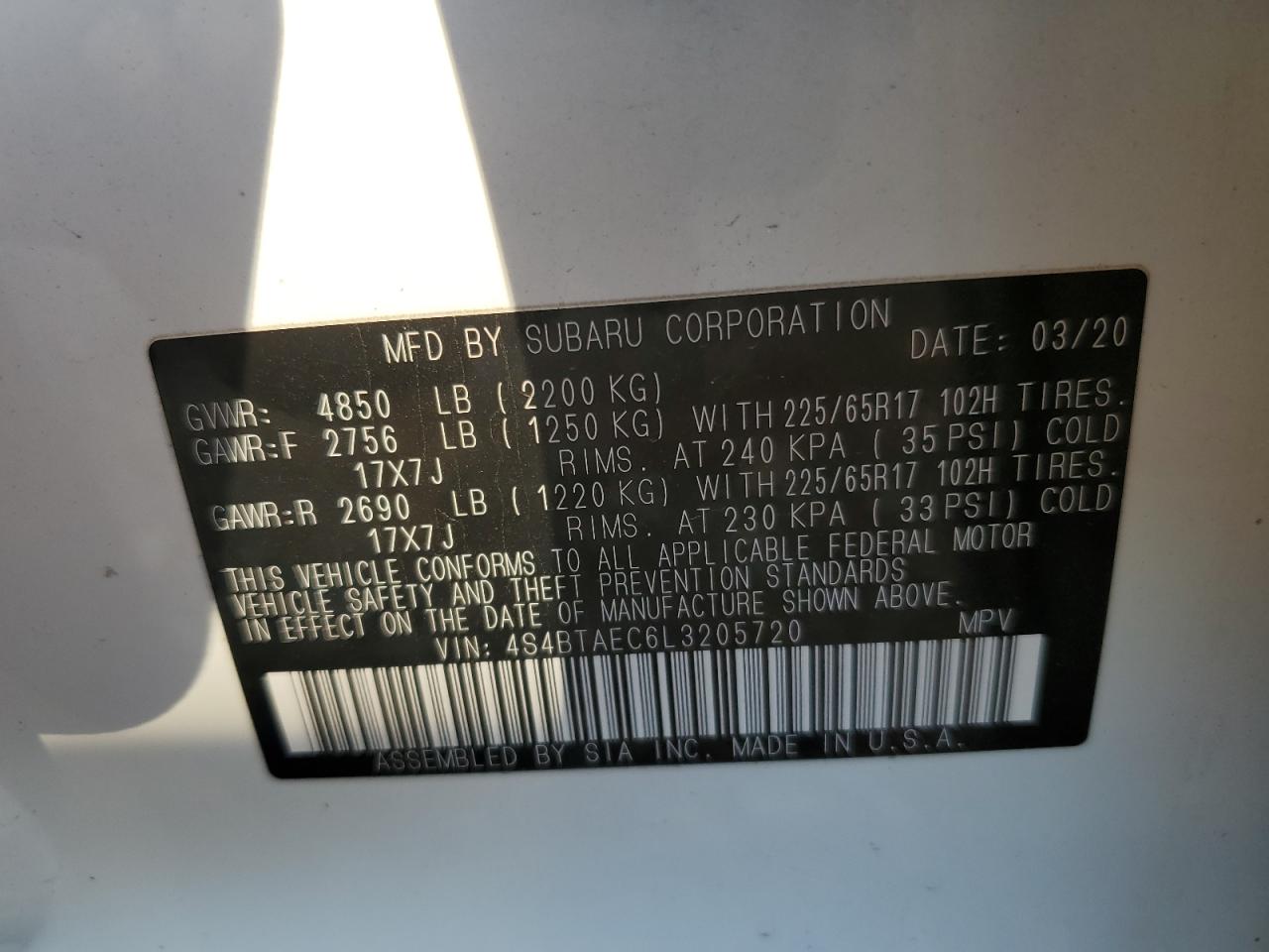 2020 Subaru Outback VIN 4S4BTAEC6L3205720 Copart auction photo, hail / minor dent/scratches damage thumbnail 13
