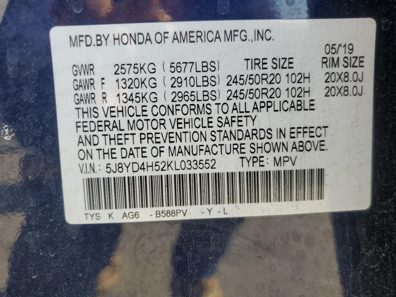 2019 Acura MDX VIN 5J8YD4H52KL033552 Copart auction photo, front end / minor dent/scratches damage thumbnail 14