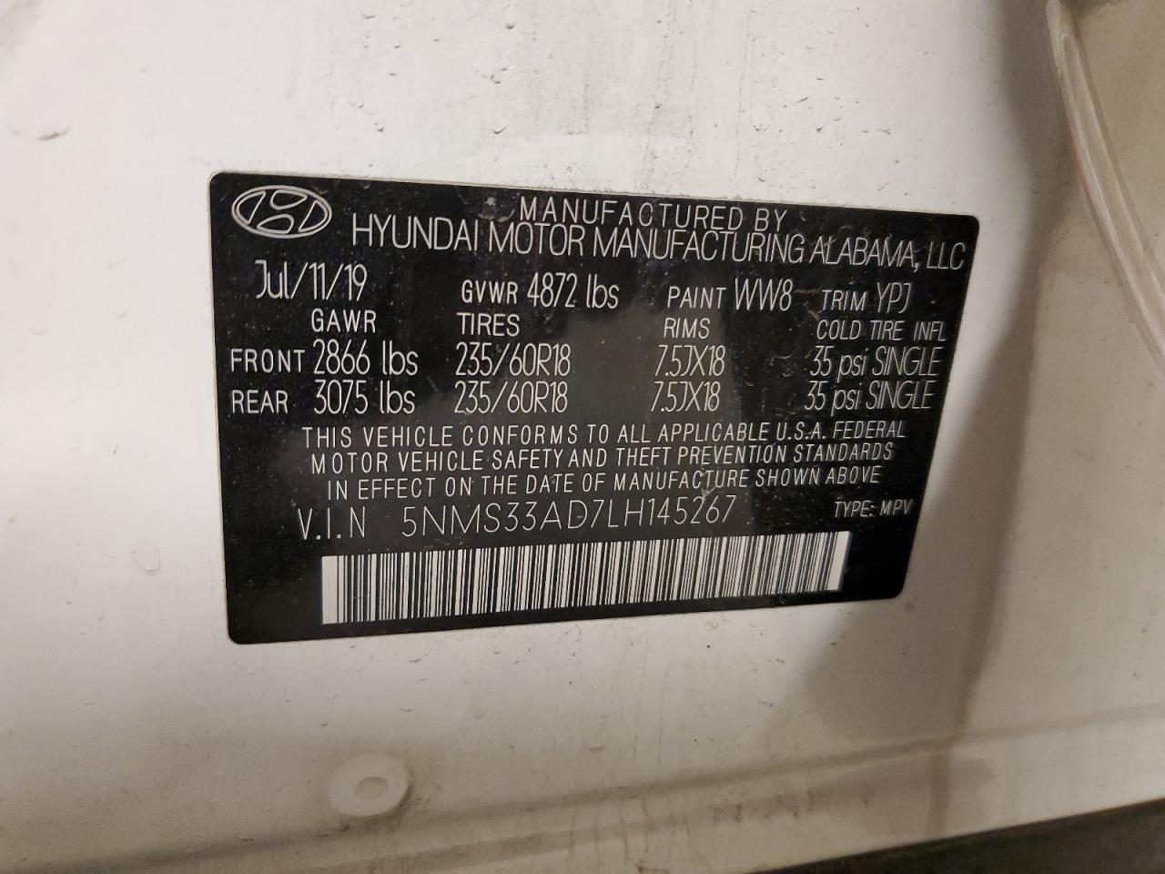 2020 Hyundai Santa Fe VIN 5NMS33AD7LH145267 Copart auction photo, side / front end damage thumbnail 14