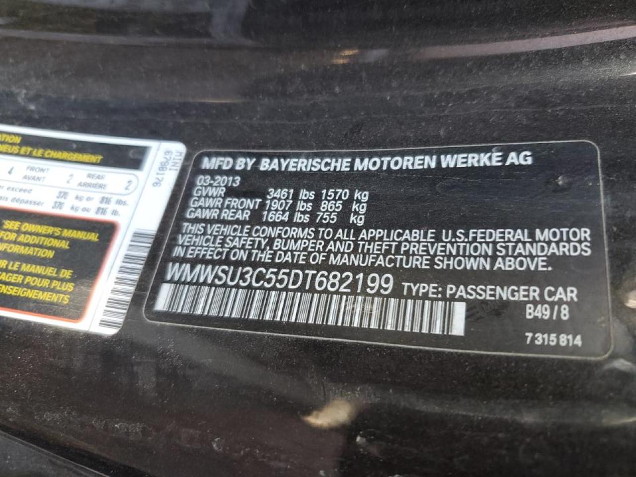 2013 MINI Cooper VIN WMWSU3C55DT682199 Copart auction photo, side / front end damage thumbnail 13