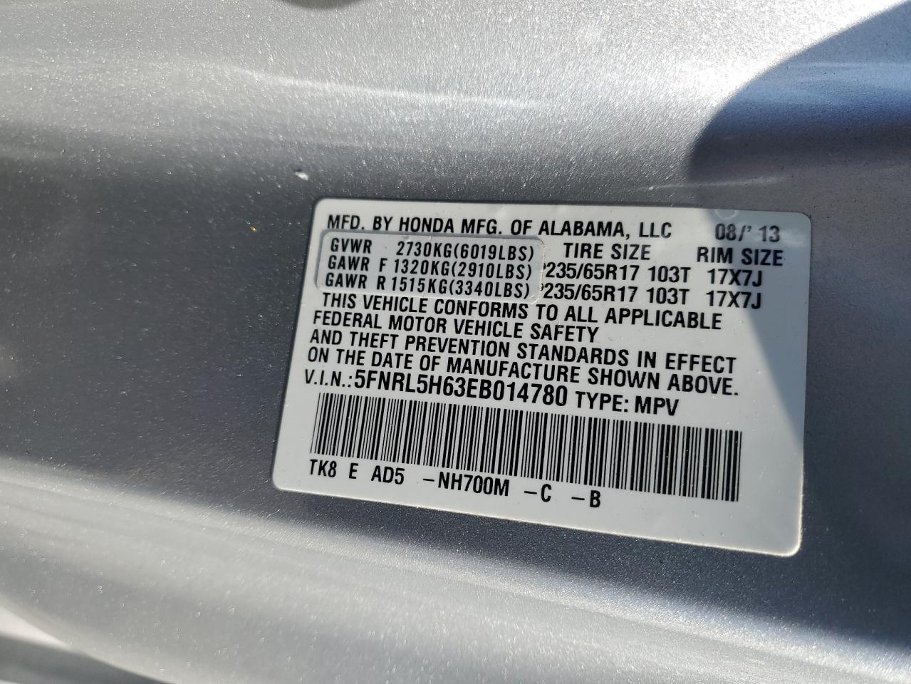 2014 Honda Odyssey VIN 5FNRL5H63EB014780 Copart auction photo, front end damage thumbnail 16