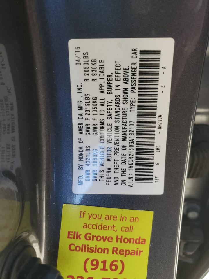 2016 Honda Accord VIN 1HGCR2F50GA192107 Copart auction photo, front end damage thumbnail 13