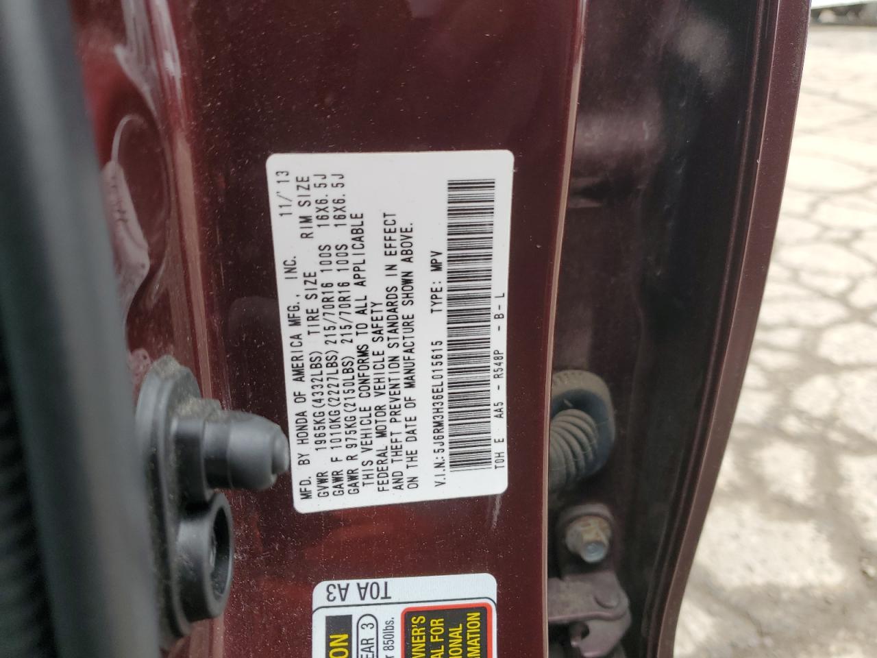 2014 Honda CR-V VIN 5J6RM3H36EL015615 Copart auction photo, side / front end damage thumbnail 12