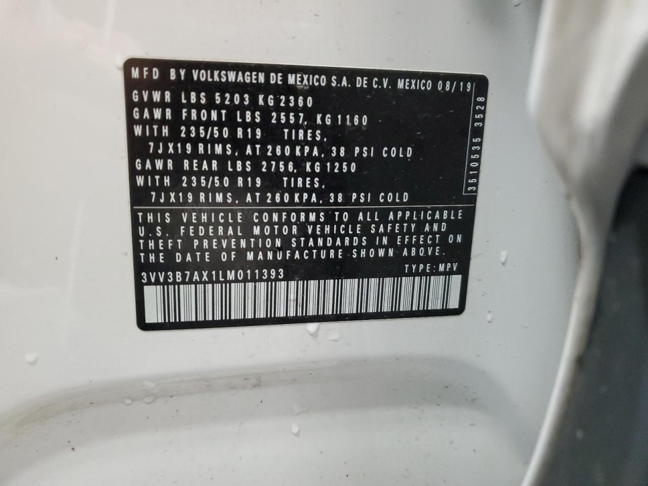 2020 Volkswagen Tiguan VIN 3VV3B7AX1LM011393 Copart auction photo, minor dent/scratches damage thumbnail 13