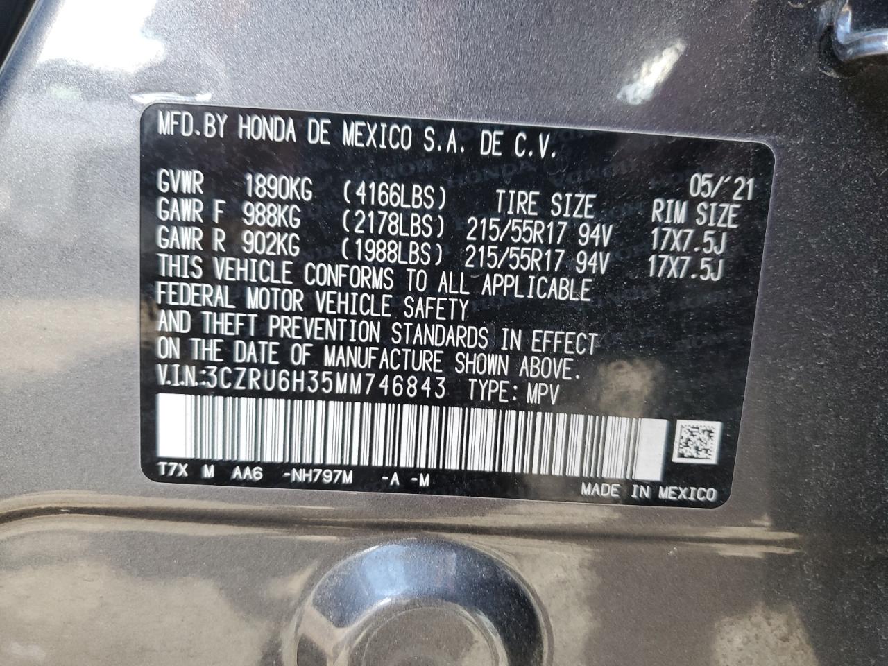 2021 Honda HR-V VIN 3CZRU6H35MM746843 Copart auction photo, front end / side damage thumbnail 14