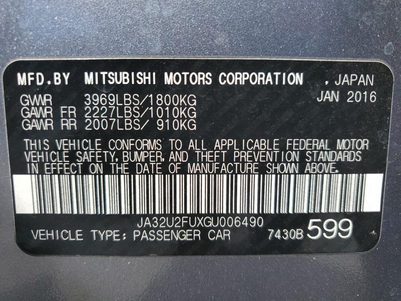 2016 Mitsubishi Lancer VIN JA32U2FUXGU006490 Copart auction photo, rear end damage thumbnail 12