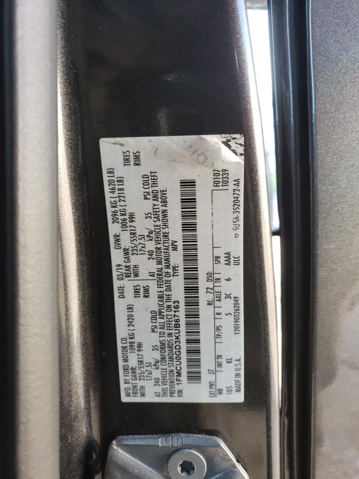 2019 Ford Escape VIN 1FMCU0GD3KUB67163 Copart auction photo, front end / hail damage thumbnail 15