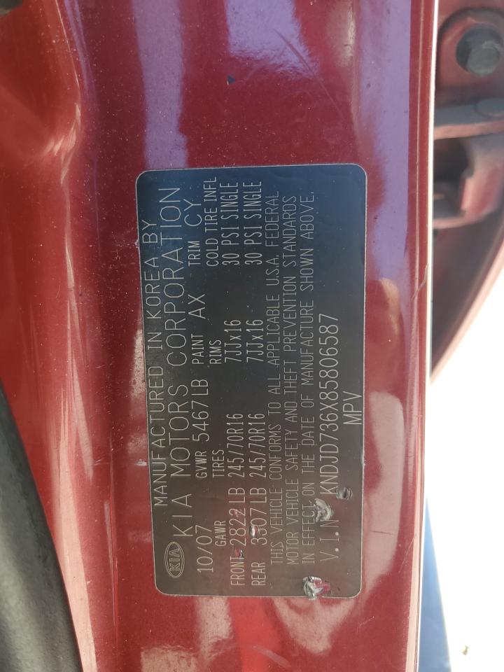 2008 KIA Sorento VIN KNDJD736X85806587 Copart auction photo, burn - engine / front end damage thumbnail 13