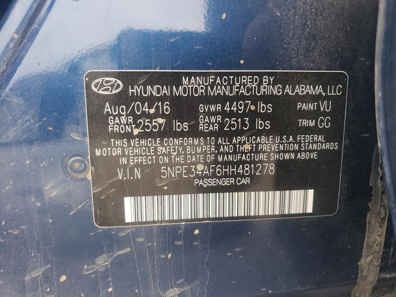 2017 Hyundai Sonata VIN 5NPE34AF6HH481278 Copart auction photo, front end damage thumbnail 14