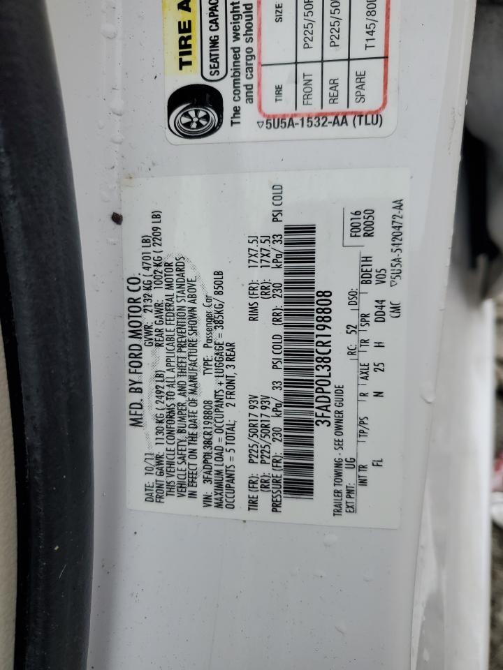 2012 Ford Fusion VIN 3FADP0L38CR198808 Copart auction photo, water/flood / minor dent/scratches damage thumbnail 13