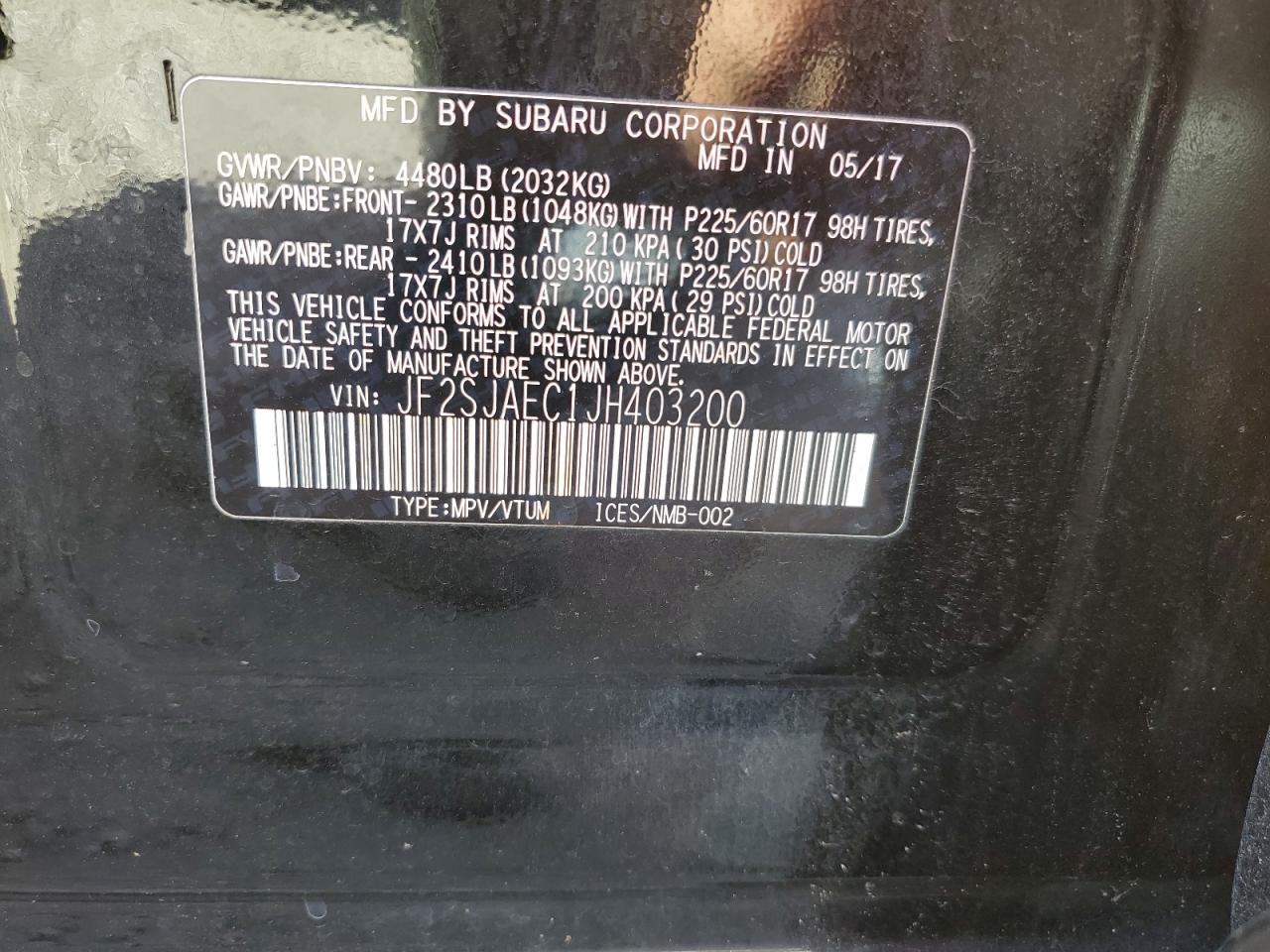2018 Subaru Forester VIN JF2SJAEC1JH403200 Copart auction photo, top/roof / front end damage thumbnail 12