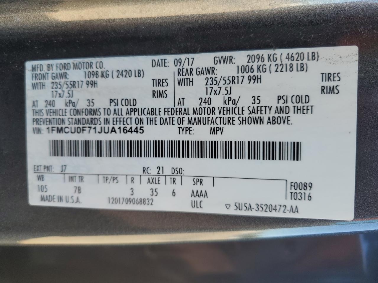 2018 Ford Escape VIN 1FMCU0F71JUA16445 Copart auction photo, all over damage thumbnail 14