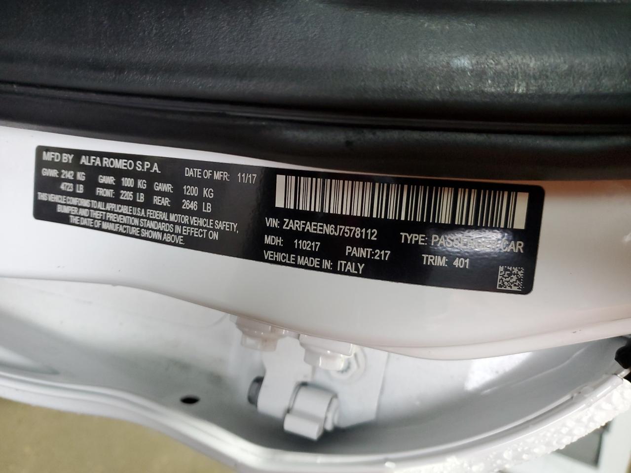 2018 Alfa Romeo Giulia VIN ZARFAEEN6J7578112 Copart auction photo, front end damage thumbnail 12