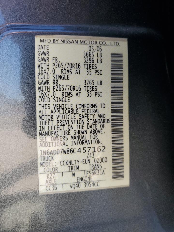 2006 Nissan Navara (Frontier) VIN 1N6AD07W86C457162 Copart auction photo, mechanical damage thumbnail 12