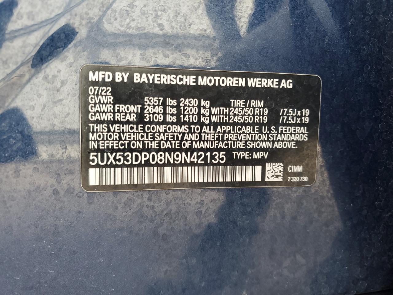 2022 BMW X3 VIN 5UX53DP08N9N42135 Copart auction photo, front end damage thumbnail 13