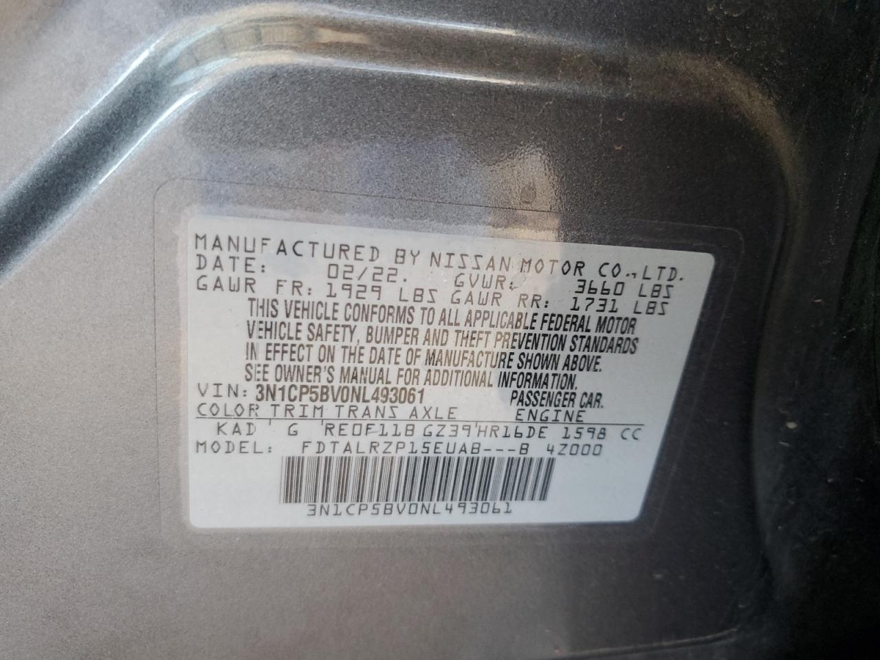 2022 Nissan Kicks VIN 3N1CP5BV0NL493061 Copart auction photo, rear end damage thumbnail 13