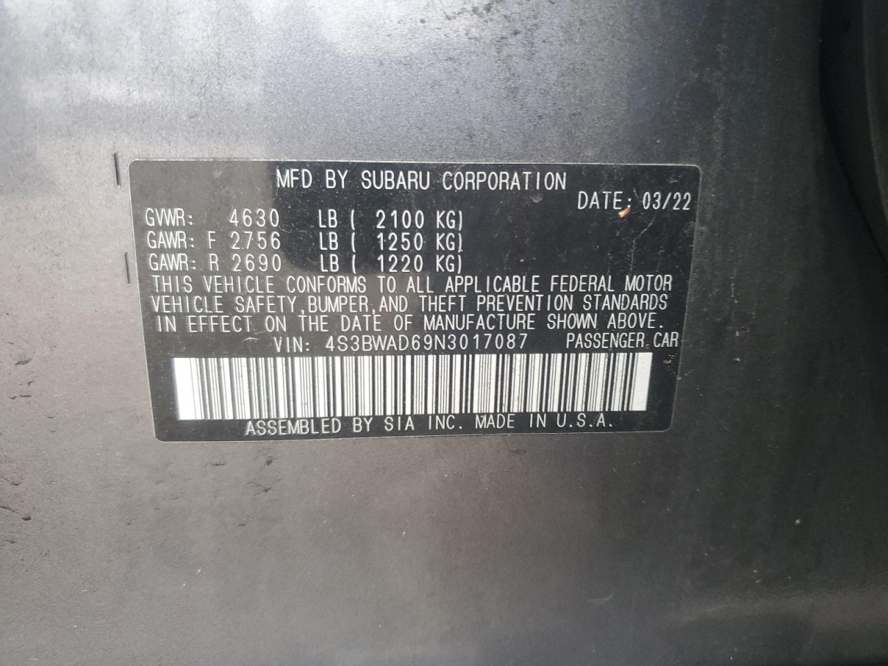 2022 Subaru Legacy VIN 4S3BWAD69N3017087 Copart auction photo, side / rear end damage thumbnail 12