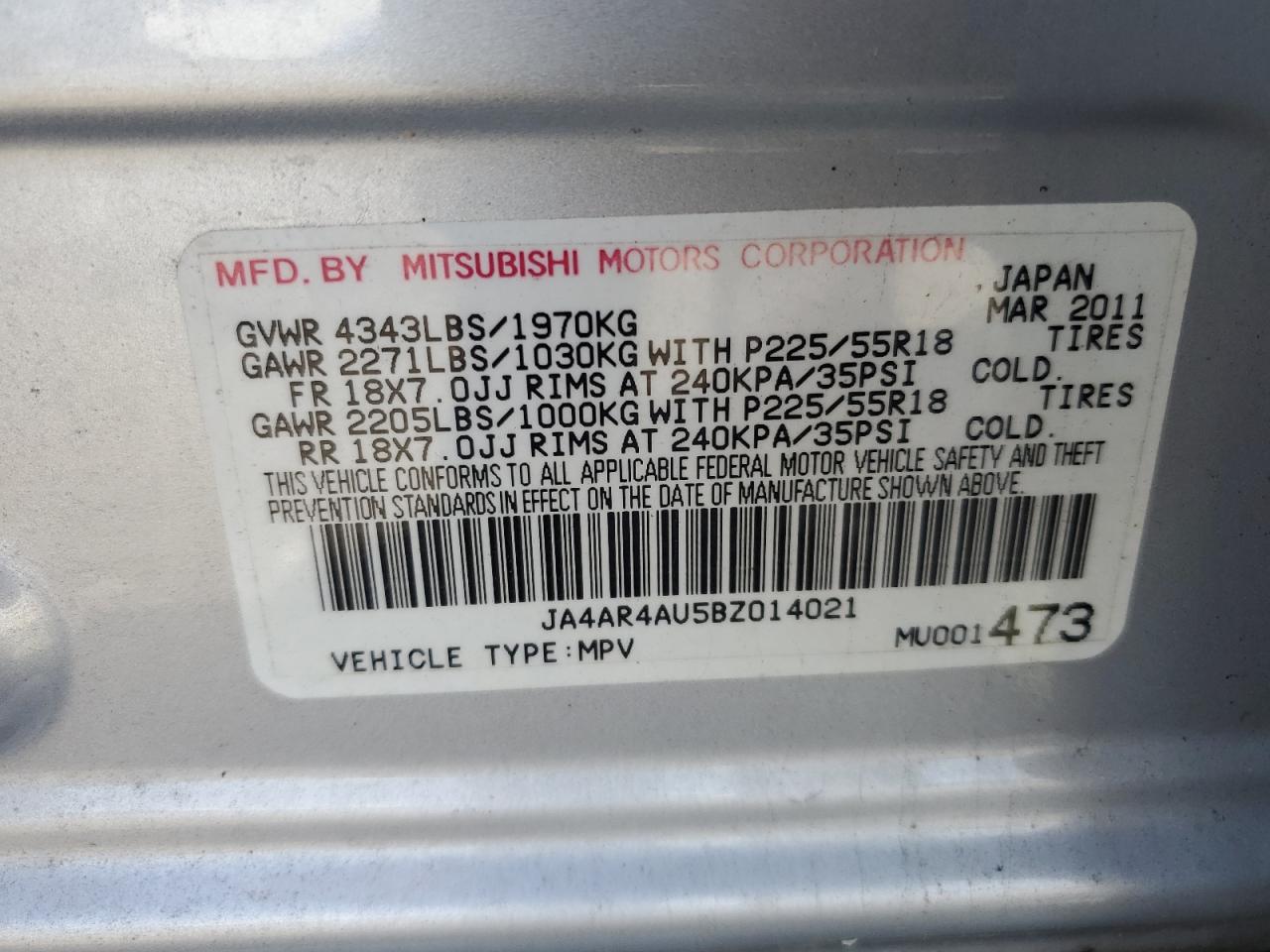 2011 Mitsubishi Outlander VIN JA4AR4AU5BZ014021 Copart auction photo, rear end damage thumbnail 12