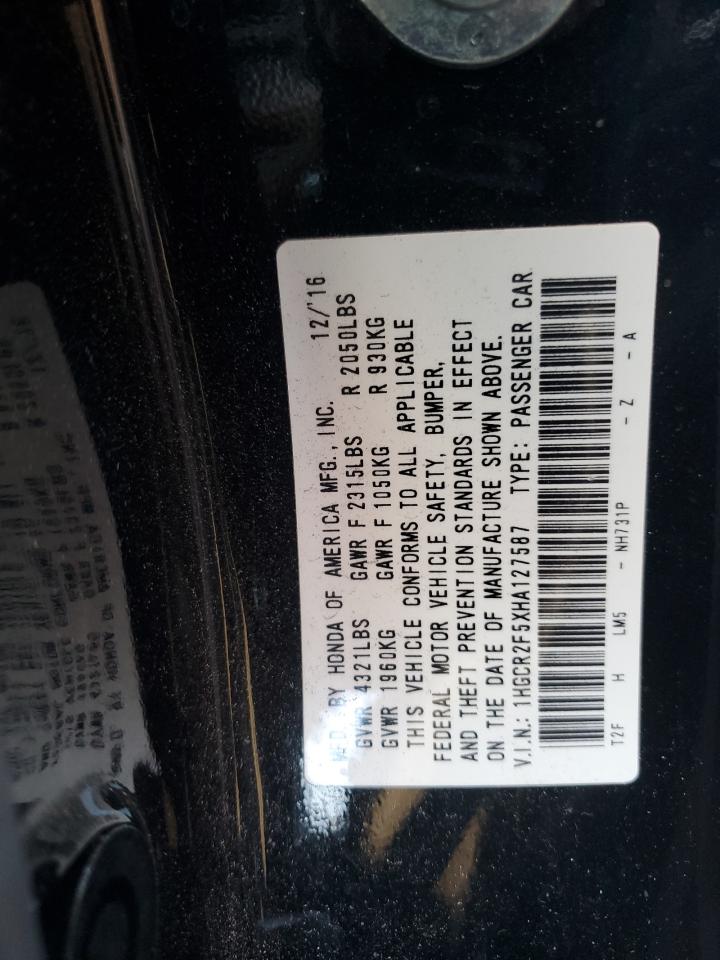 2017 Honda Accord VIN 1HGCR2F5XHA127587 Copart auction photo, rear end damage thumbnail 12