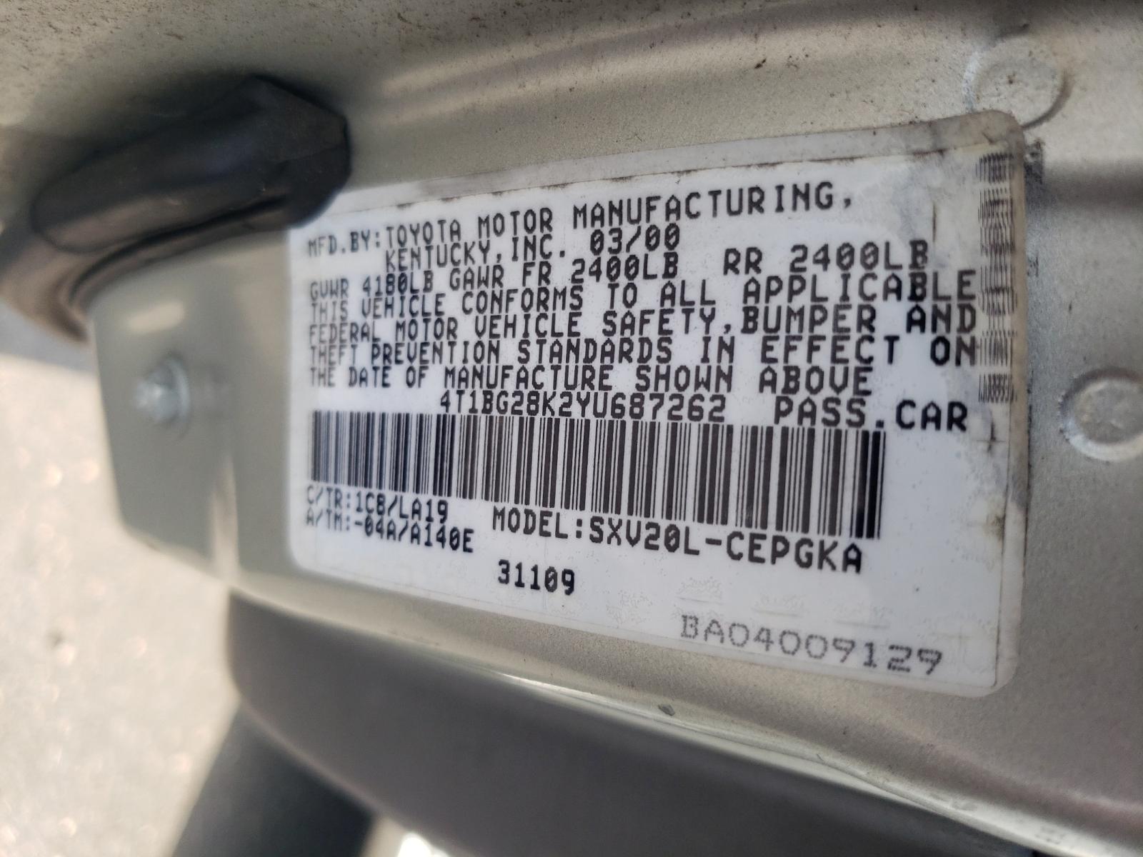 2000 Toyota Camry VIN 4T1BG28K2YU687262 Copart auction photo, front end / side damage thumbnail 10