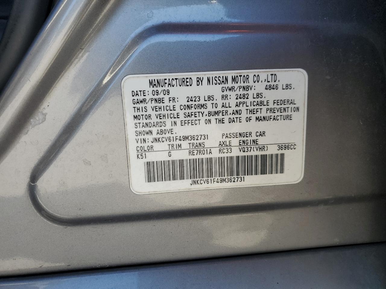 2009 Infiniti G VIN JNKCV61F49M362731 Copart auction photo, front end damage thumbnail 12