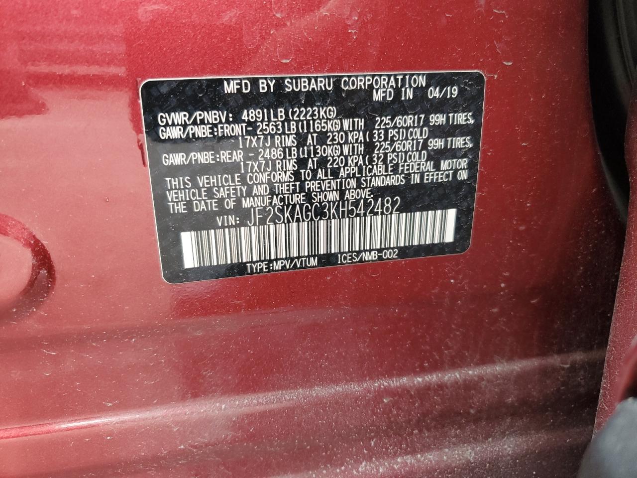 2019 Subaru Forester VIN JF2SKAGC3KH542482 Copart auction photo, side damage thumbnail 14