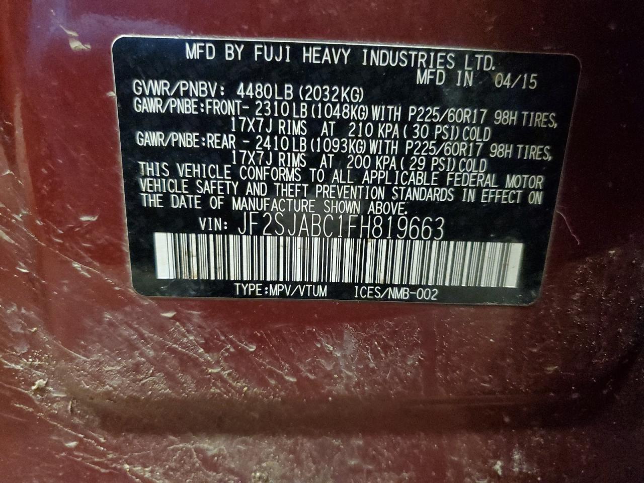 2015 Subaru Forester VIN JF2SJABC1FH819663 Copart auction photo, front end / mechanical damage thumbnail 13