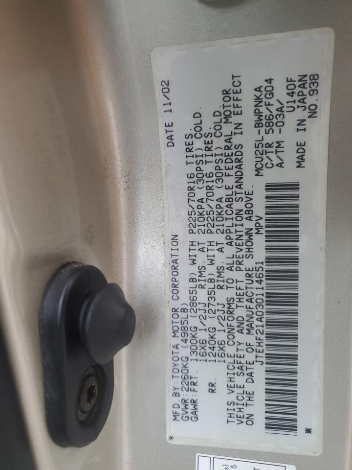 2003 Toyota Highlander VIN JTEHF21A030114651 Copart auction photo, front end / mechanical damage thumbnail 14