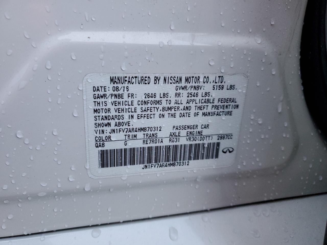 2017 Infiniti Q50 VIN JN1FV7AR4HM870312 Copart auction photo, front end damage thumbnail 12
