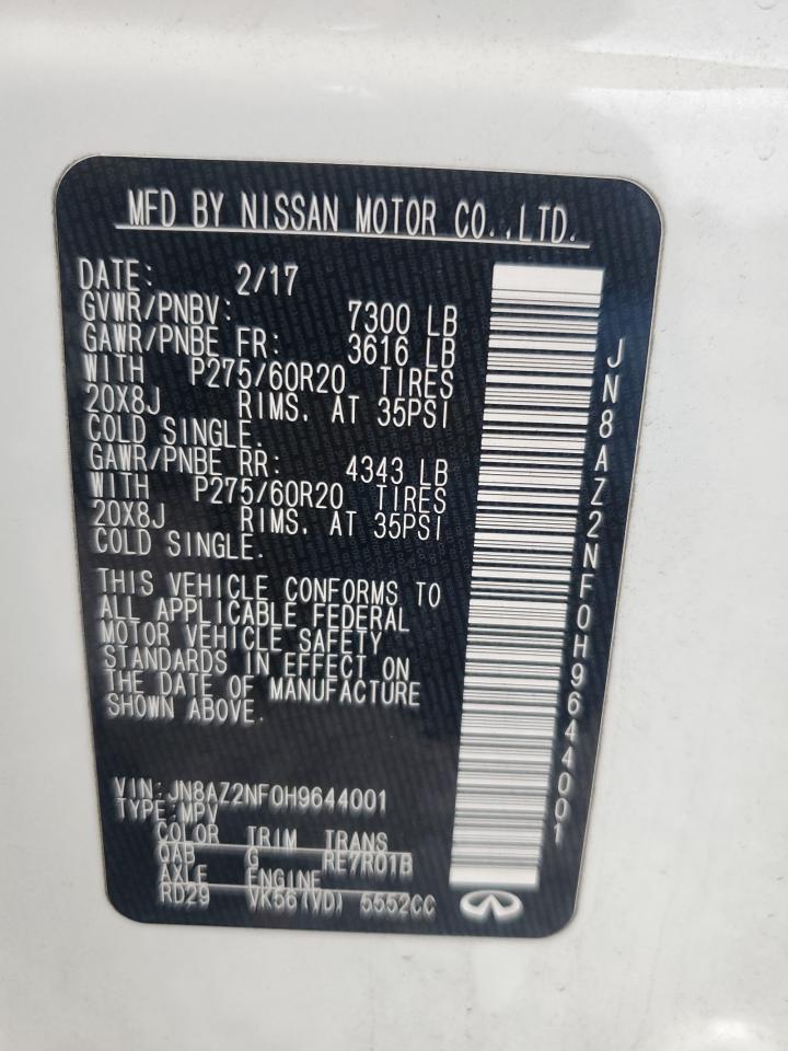 2017 Infiniti QX80 VIN JN8AZ2NF0H9644001 Copart auction photo, front end / minor dent/scratches damage thumbnail 13