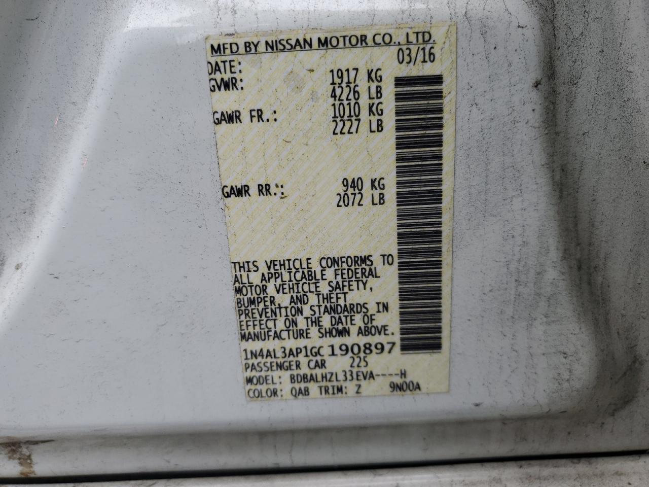 2016 Nissan Altima VIN 1N4AL3AP1GC190897 Copart auction photo, all over damage thumbnail 14