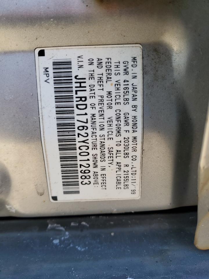 2000 Honda CR-V VIN JHLRD1762YC012983 Copart auction photo, front end / side damage thumbnail 15