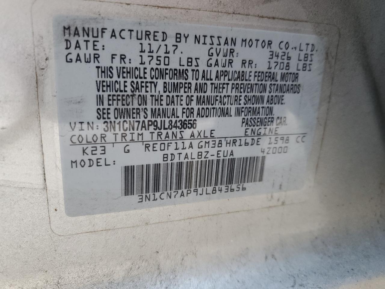 2018 Nissan Versa VIN 3N1CN7AP9JL843656 Copart auction photo, front end damage thumbnail 13