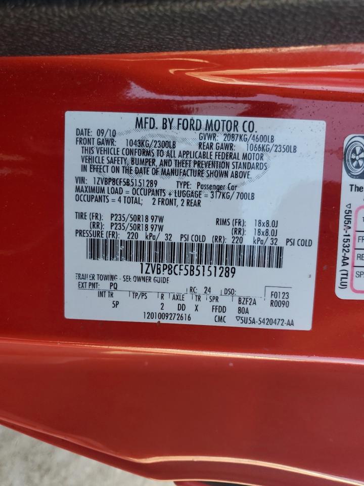 2011 Ford Mustang VIN 1ZVBP8CF5B5151289 Copart auction photo, front end / minor dent/scratches damage thumbnail 12
