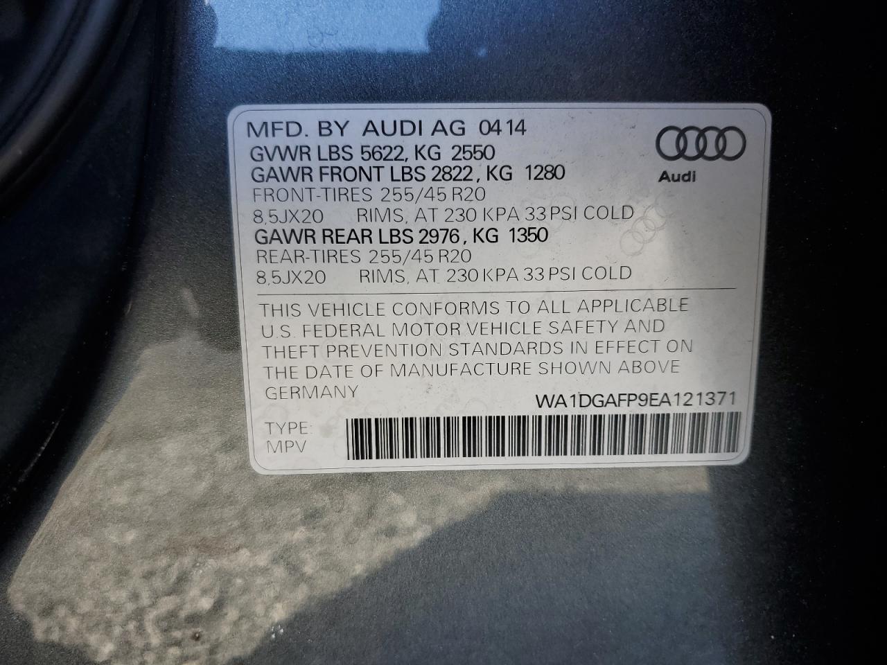 2014 Audi Q5 VIN WA1DGAFP9EA121371 Copart auction photo, rear end damage thumbnail 12